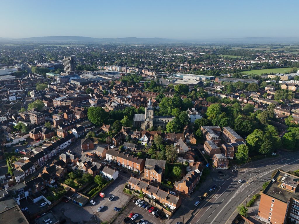 An aerial photo of a UK town.