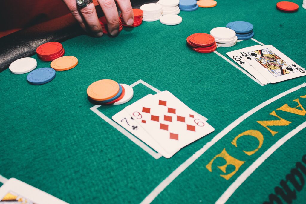 Close up of a blackjack table with a game in play.